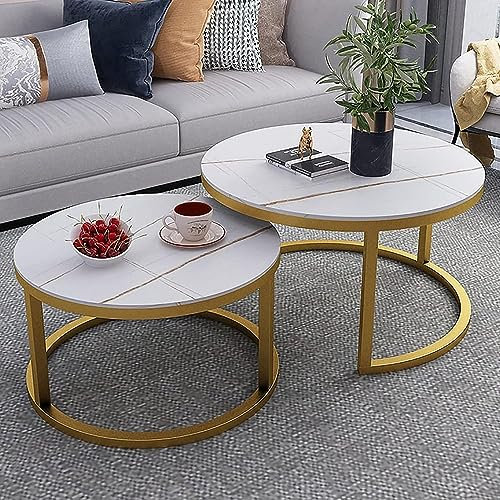 CATANK Table Basse gigogne Moderne, Table gigogne Ronde, Ensemble de 2, Table d'appoint Minimaliste en Dalles de marbre, Cadre en Acier Robuste, pour Petits espaces, Salon, Balcon, Bureau