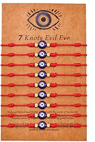 Poxtex 9pcs Evil Eye 7 Knot Lucky Bracelets, Rakhi for Brother and Bhabhi Adjustable Red String Amulet for Women Men with Gold Bead, Protection Jewelry Hand Bracelet