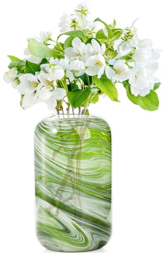 Goaste Grüne Glas-Blumenvase, 20,3 cm, dekorative Premium-Glasflasche, ästhetische Zylinderknospenvase, moderne mundgeblasene Vase mit Wolkenmuster für Tafelaufsätze, Hochzeit, Esstisch, Arrangement