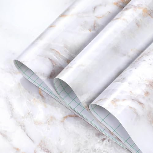 Homein Marble Self Adhesive Sticky Paper Back Plastic Roll 44.5x300cm, Peel and Stick Waterproof Vinyl Film for Kitchen Countertop Furniture, White-Brown Glossy Granite Furniture Stickers