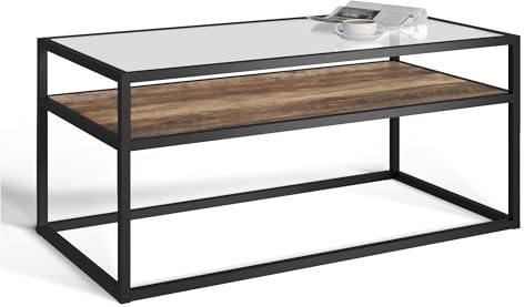 URBNLIVING Glass Display Top Coffee Table with Steel Frame Reversible Wooden Storage Shelf
