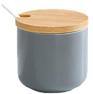 Jarsense Sucrier en céramique de 250 ml avec couvercle et cuillère en bois, pot à épices pour sel, sucre, café, thé, assaisonnement pour la maison, la cuisine, le café, le bar, gris