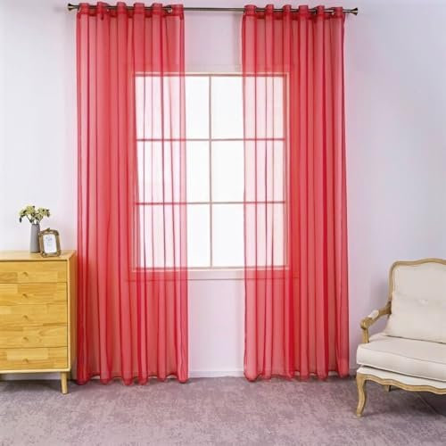 2er Set Transparent Vorhang Voile Ösenvorhang, Modern Vorhänge Wohnzimmer Gardinen, Einfarbige Vorhänge Fertiggardinen Gardinen Schals Dekoschal für Fenster Schlafzimmer Balkontür,100x250cm Rot
