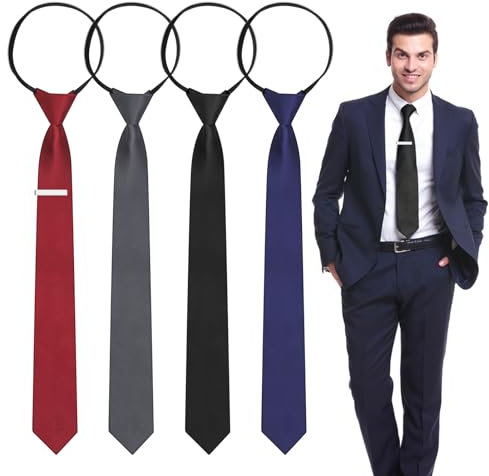 4 Stück Schmale Krawatte mit Reißverschluss, 660mm Verstellbarer Krawatte Vorgebunden für Herren, Krawatte aus Dunklem Polyester mit Clip, Lange Zeremoniell Krawatte für Hochzeit Party Geschäft