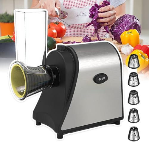 pedenencelia Diseño Desmontable,Rallador Queso Eléctrico Ensaladas,con 5 Cuchillas,Interruptor Un Toque,Cortador Verduras Eléctrico 5 En 1,para Verduras,Zanahorias,Zanahorias,Patatas 250w
