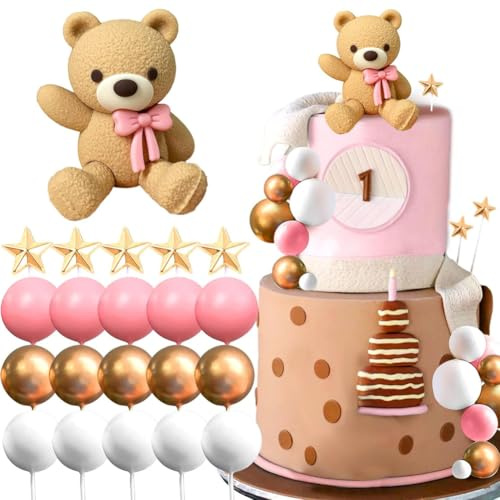 26 PCS Teddy Bear Cake Decoration, Bear Cake Decorations Mini Balls Cake Toppers, Teddy Bear Cupcake Toppers Pink Gold White Foam Balloon Pearl Ball for Baby Shower Birthday Party Supplies
