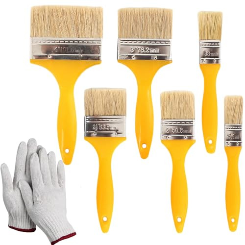 6 PCS Fence Paint Brushes Paintbrushes, Paint Brush Set Decorating with Gloves, Paintbrushes Decorating for Woodwork, Walls Ceilings(Yellow)