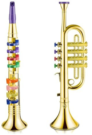 JNJOOD Set mit 2 Musikinstrumenten, Trompete und Saxophon, Tragbarer Klarinette mit Farbigen Tasten, Lernspielzeug-Zubehörset für die Schule zu Hause