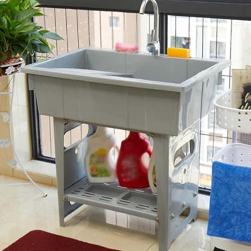 Set di Lavello in Plastica, Lavello da Cucina Lavandino Per Biancheria con Rubinetto e Asse per Lavare, Lavello Indipendente per Cucina, Garage, Giardino