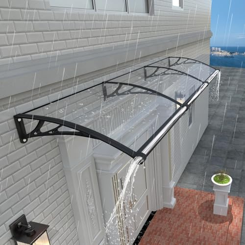 Auvent de Porte d'entrée avec Système de Drainage - 200x100cm Toit Marquise en Polycarbonate Abri de Pluie en Polycarbonate Anti-UV,Contre Neige et Vent,Support ABS