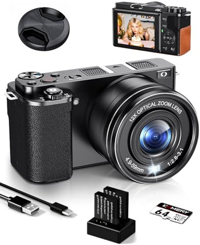 Ade Fotocamera digitale 4K 64MP con sensore CMOS e zoom ottico 12X, fotocamera compatta con display da 2,8, WiFi/HDMI, scheda da 64 GB, 2 batterie e caricabatterie (nero)