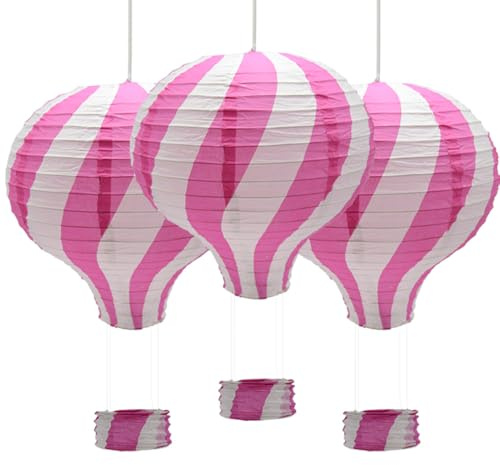 Ruidee 3 Pezzi Lanterna di Carta Mongolfiera 12 inch Lanterna da Appendere Stripe Set per Festa, Party, Casa, Matrimonio (Pink)