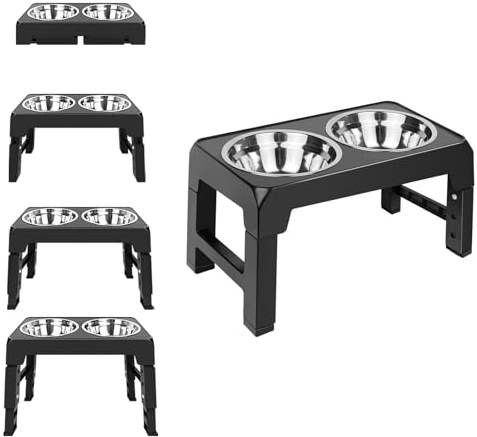 Adjustable Elevated Dog Bowls, 4 Height Non Slip Raised Dog Bowl Stand with 2 Stainless Steel Food Bowls for Small Medium Large Pets (Black)
