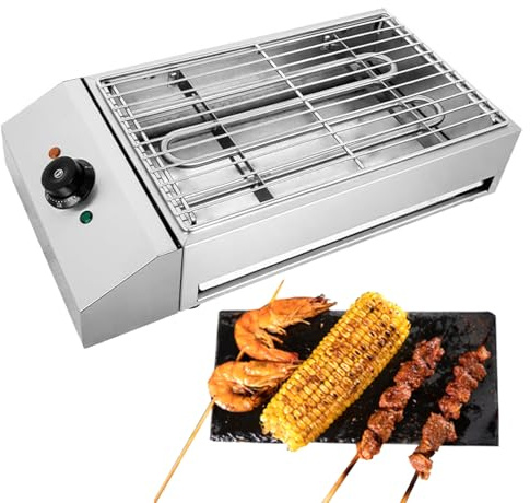 Parrilla portátil para barbacoa, parrilla eléctrica de sobremesa de acero inoxidable antiadherente de 2600 W, tubo calefactor en forma de U, con bandeja de goteo, ajustable a 50-250 °C, sin humo
