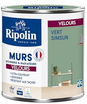 RIPOLIN - Peinture Intérieure Multi-Supports – Murs, Boiseries & Radiateurs – Ultra couvrante - Monocouche - Confort d'application - Aspect Velours - Vert Simsun - 0,5L