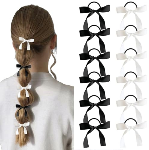 FrostyFlair Lot de 12 Élastiques à cheveux pour filles, Rubans en satin soyeux, Accessoire pour cheveux femme, Noeuds pour Bubble Braids, Noir & Blanc