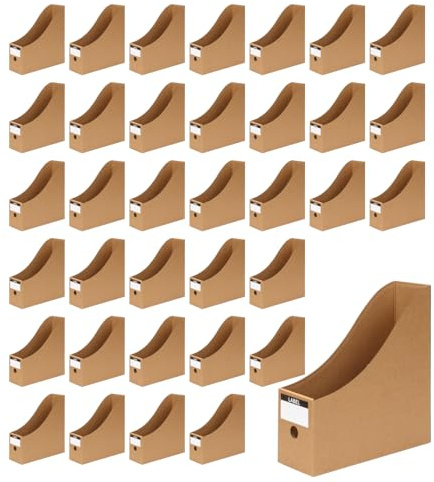 DIICCYO 36 Pcs Cardboard Magazine File Holders, Bulk Kraft Paper Magazine Book Bin Box with Label Sticker, Paper Organizer Storage Folder for School Classroom Office Library Home Supplies Desk Shelve