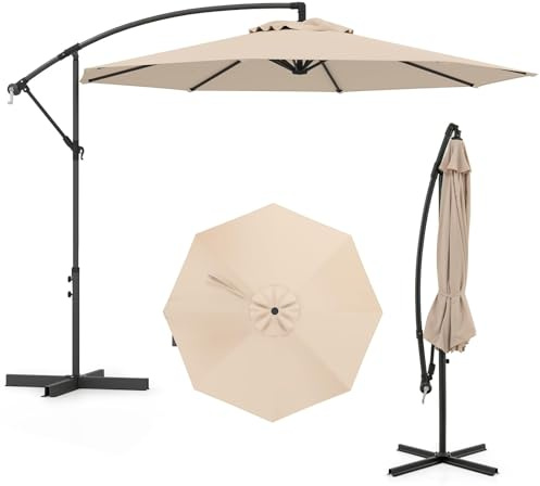 THEGA Parasol Déporté De Jardin 3M, Parasol Déporté À 8 Baleines, avec Manivelle, Base Croisée Et Design Incliné, Pare-Soleil pour Piscine, Terrasse Et Patio