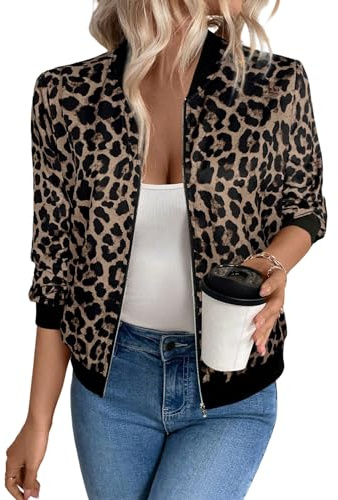 GORGLITTER Damen Jacke Herbst Elegant Jacken mit Leopardenmuster Bomberjacke Leichte Baseball-Kragen Jacken Mit Reißverschluss Übergangsjacke Freizeitjacke