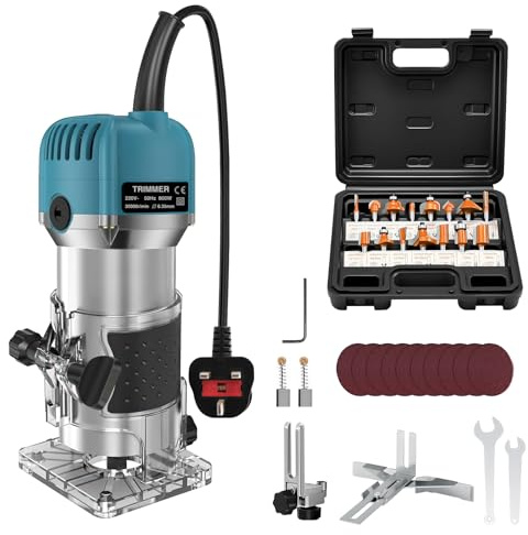 Palm Router Tool, 800W 30000RPM Electric Woodworking Hand Wood Router with Trimmer Base and 15Pcs 1/4(6.35mm) Router Bits Set, 220V Palm Router Trimmer for DIY, Woodworking, Slotting
