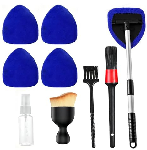 Car Windscreen Cleaner, Window Cleaning Tool with 5 Reusable Microfiber Pads and 3 Car Detailing Brushes and Spray Bottle, Windshield Clean Wand Tool with Extendable Handle for Auto Glass Cleaning