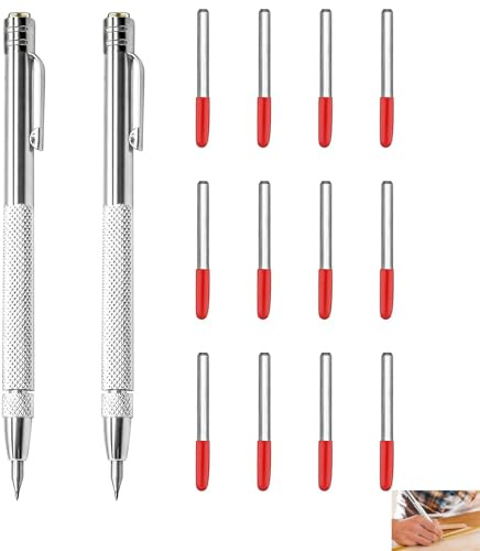 2 Marcador de Carburo de Tungsteno, Bolígrafo de Carburo de Trazado Magnética de Aluminio con Clip, Incluye 12 Puntas de Trazar Repuesto para Marcar Metal, Vidrio, Cerámica, Madera y Mármol