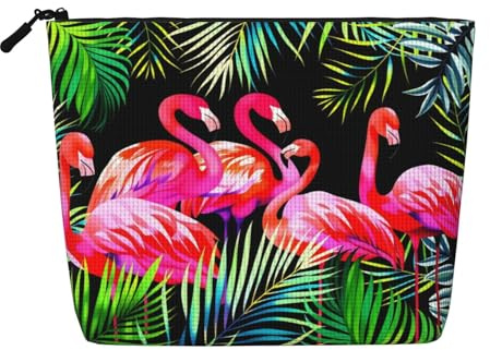 WAVMKSL Tropical Flamingos Jungle Green Palm Leaf Makeup Bag Travel Pouch Zipper Pouch Toiletry Bag Fake Hemp 9.45 X 6.7 Inch
