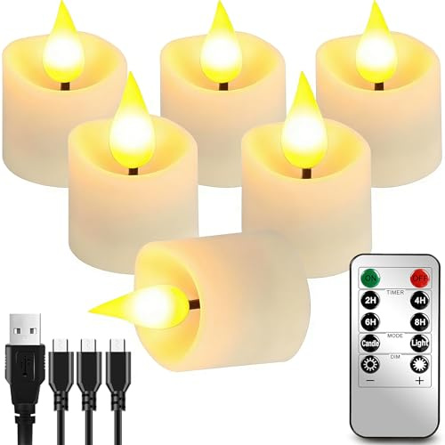 6Pcs Rechargeable Tea Lights: 1.5x2.2 Flameless LED Votive Candles with Remote & Timer, USB Battery Operated Flickering Fake Tealights for Home Wedding Centerpiece Table Decor, Anniversary Christmas