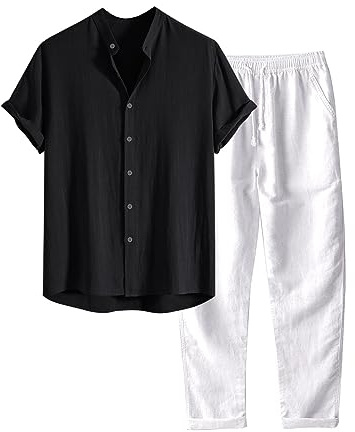 Conjunto de 2 Piezas de algodón y Lino para Hombre, Camisa y Pantalones de Manga Corta con Botones, Trajes Casuales Sueltos de Verano, Playa