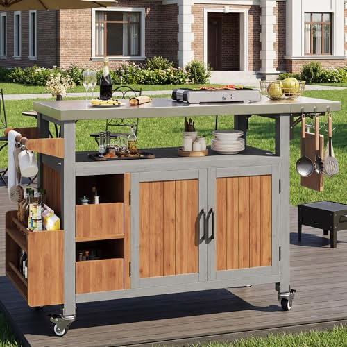 Kebnor BBQ Beistelltisch, Beweglicher Gartenschrank, wetterfest, Arbeitsplatte aus Edelstahl, Grillwagen, Servierwagen mit ausziehbarer Seitenablage, 3 Haken, Regal für Snacks und Gewürze, Massivholz