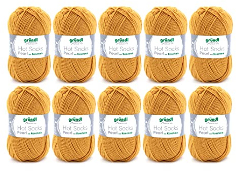 Gründl Hot Socks Pearl uni Strickwolle 10 x 50 g, Ocker | kuschelig weiche Sockenwolle aus 75 % Merinowolle 20 % Polyamid, 5 % Kaschmir, 50 g / 200 m, Nadelstärke: 2,5 - 3, 50 g