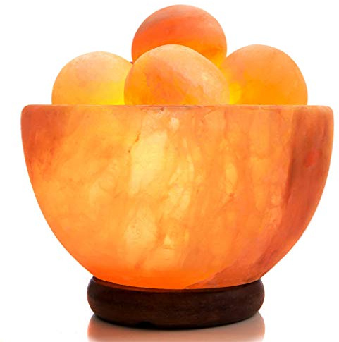 UMAID Himalayan Salt Lamp Bowl with 6 Himalayan Massage Balls, Dimmable Pink Rock Salt Lamp Light for Bedroom, Office Desk & Meditation Room, Unique Spa Home Decor Relaxation Gifts for Men & Women