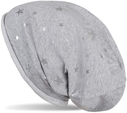 styleBREAKER Damen Slouch Beanie Mütze Metallic Sterne Print | Elastische Passform für Erwachsene (One Size), 27 cm ungedehnte Bundweite, Rollrand, weiches formstabiles Gewebe.