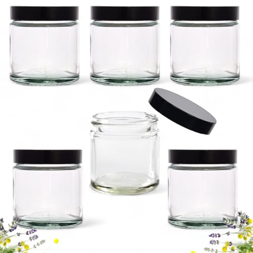 120ml Clear Glass Jars with Airtight Black Lids - Set of 6 - Perfect for Candlemaking, Storage, DIY Beauty and Gifting - Heat-Resistant, Refillable & Stylishly Compact