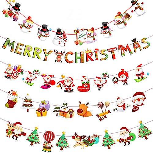 Eterspr 5 Stück Merry Christmas Girlande, Weihnachten Girland Banner, Cartoon Banner, mit Cartoon-Buchstabenmuster, Weihnachtsmann, Schneemann und Rentier, Verwendet für Weihnachtsfeierdekoration