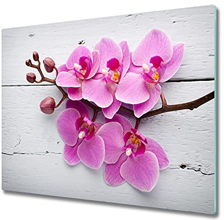 Glasschneidebrett 60x52 cm Rutschfest Silikonfüße Antibakteriell Plastikfrei Gehärtetes Glas Hitzebeständig für die Küche Dünn Glasplatte Lebensmittelecht Dekorativ - Orchidee auf Holz