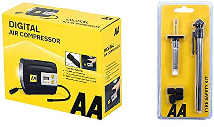 AA 12V Digital Tyre Inflator AA5502 – For Cars Other Vehicles Inflatables Bicycles - Shows PSI BAR KPA 0-120 PSI – Includes Adaptors & AA1146 Tyre Safety Kit