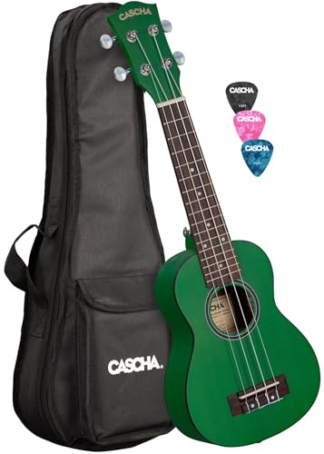 CASCHA Mahagoni Grün Sopran Linkshänder Ukulele Erwachsene & Kinder - inkl. 3 Plektren & gepolsterte Tasche - Mahagoniholz-Ukulele für Anfänger & Fortgeschrittene - Aquila Nylon-Saiten