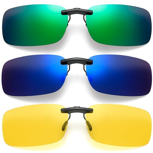Benaton 3 Pièces Clip Solaire, Clips Lunettes Soleil Hommes et Femmes, Polarized Lunettes De Soleil clip Sur Lunettes Soleil pour Conduite et Activités de Plein air (Jaune+Bleu+Vert)