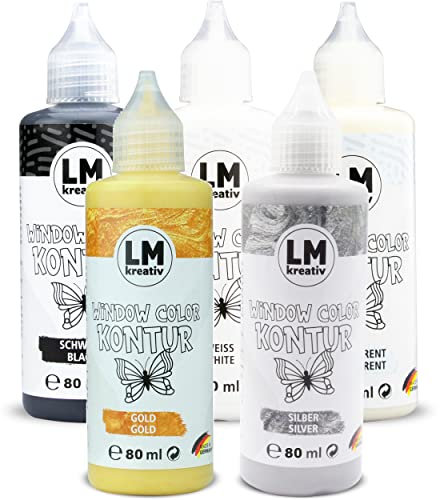 LM Window Color Set (5 x 80 ml Basic-Konturen) - Abziehbare Fenster-Farbe/für Fensterbilder auf Spiegelfliesen & andere glatte Oberflächen. Windows Color Glasmalstifte sind einfach zu dosieren