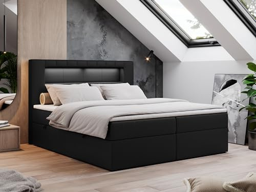 MKS MEBLE Boxspringbett 140x200 mit Led Schwarz Kunstleder, Polsterbett Bett mit Topper T25 und Kopfteil, Multipocket Matratze H4, Doppelbett mit Bettkasten Stauraumbett - Gold-5 - Schwarz Kunstleder