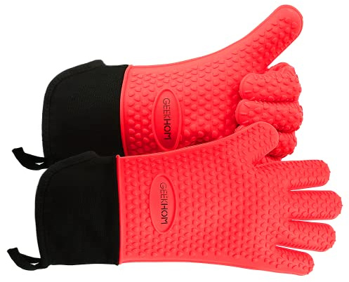 GEEKHOM Gants de barbecue XL, gants de cuisine en silicone résistants à la chaleur, gants de four imperméables, accessoires de barbecue pour pâtisserie, friteuse, fumoir, Weber, pizza, micro-ondes,