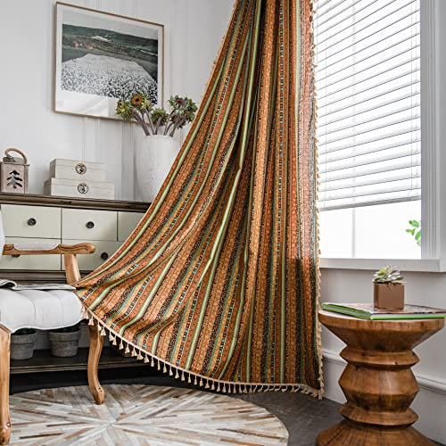 Freyamy Vorhang 220x150cm Böhmische Bunt Gelb Baumwolle Leinen Landhausstil Vertikale Streifen Blickdicht Gardinen mit Beige Quasten 2er Set Makramee Verdunklungsvorhänge Gardinen für Wohnzimmer