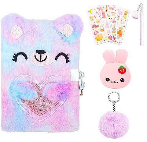 RosewineC Secret Diary with Lock for Girls, Plush Notebook and Pen Set for 6 Year Old Girls Birthday Gifts, Stationary Sets Coin Purse Keychain Stickers Ballpoint Pen for 6-13 Year Old Girls