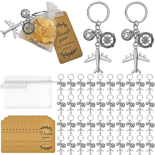 Henoyso 80 Sets Flugzeug-Schlüsselanhänger, Partyzubehör, inklusive Flugzeug-Kompass, Schlüsselanhänger mit Dankesanhänger, Organza-Geschenkbeutel für Party | Reise-Schlüsselanhänger mit Dankeschön-Etiketten, Organza-Beutel, Abschlussfeier, Babyparty, Silberanhänger für