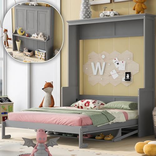 SOFTSEA Queen Murphy Bed with Desk, Foldable Wall Bed for Space Saving, No Box Spring Needed, Easy Assembly, Gray