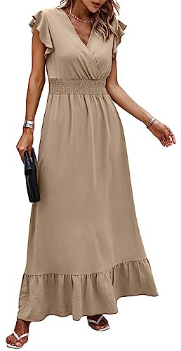 ASOMI Damen Kleider Langes Blumen: Hochzeit Strandkleid Boho Sommerkleid Lässig Wickelkleid Elegant Cocktailkleid Partykleid Swing V-Ausschnitt Kurz Flügelärmel Rüschen Maxikleid 24Khaki M