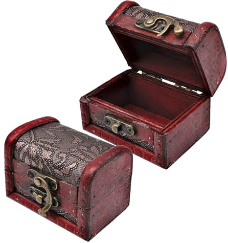 inheming 2 Pcs Mini Wooden Treasure Chests, Mini Pirate Treasure Chest with Lid,Mini Wooden Storage Chest for Rings,Earrings, Bracelets, Necklaces