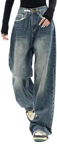 EMMIOL Jeans for Women Wide Leg Baggy Jeans Y2K Casual Loose Boyfriends Trousers Vintage Streetwear Dark Blue, S