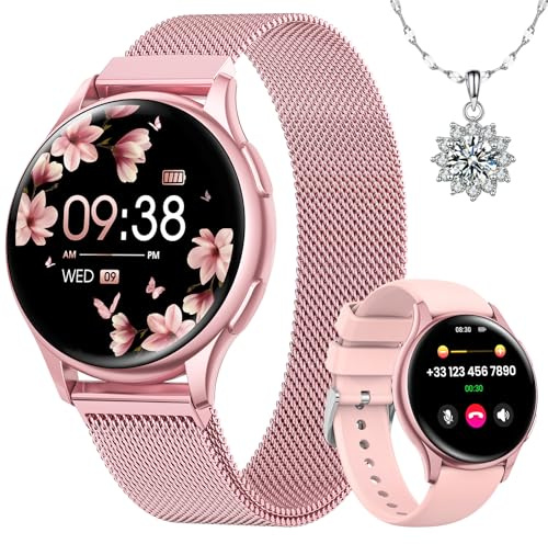 Sanorum Smartwatch Damen mit Telefonfunktion, Rund 1,27 HD Screen Armbanduhr mit 120+ Sport Pulsuhr SpO2 Schlafmonitor Menstruationszyklus IP68 Fitness Tracker Schrittzähler für iOS Android Rosa